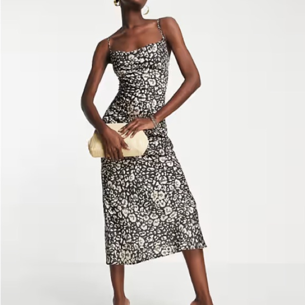River Island Satin Cowl Neck Midi Dress in Leopard